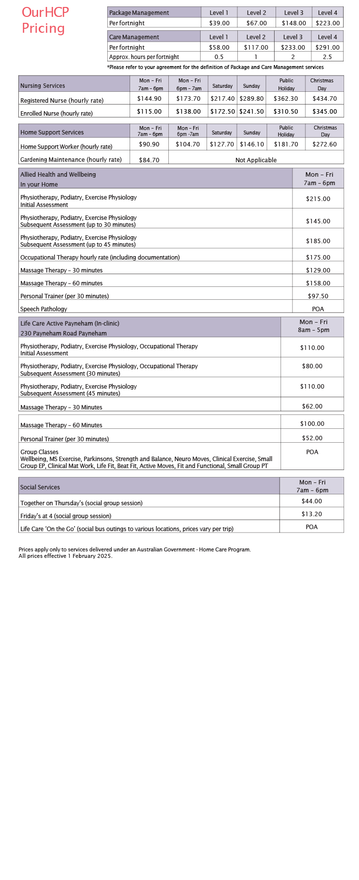 Click Here to View our current Life Care Home Care Package costs